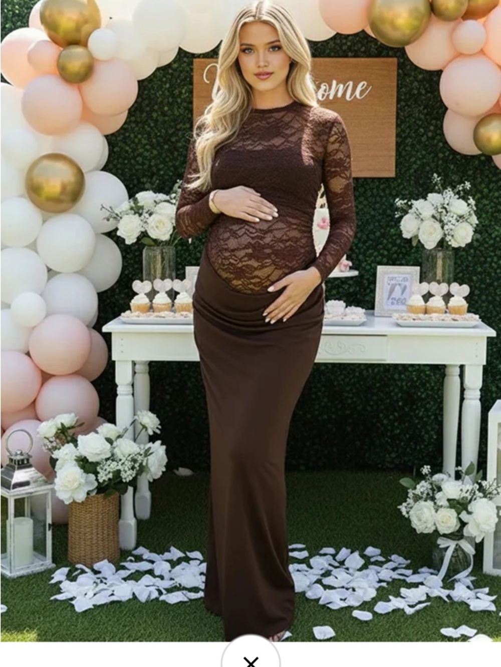 Elegant Brown Lace Maternity Gown - Long Sleeve